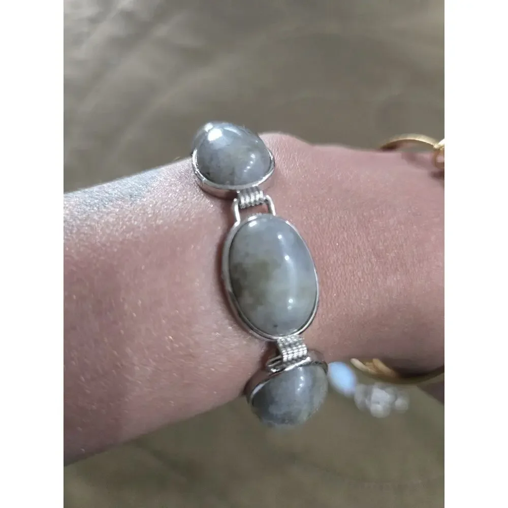 Lot 5 Boho gemstone Costume Stone beaded Bracelets Silvertone adjustable